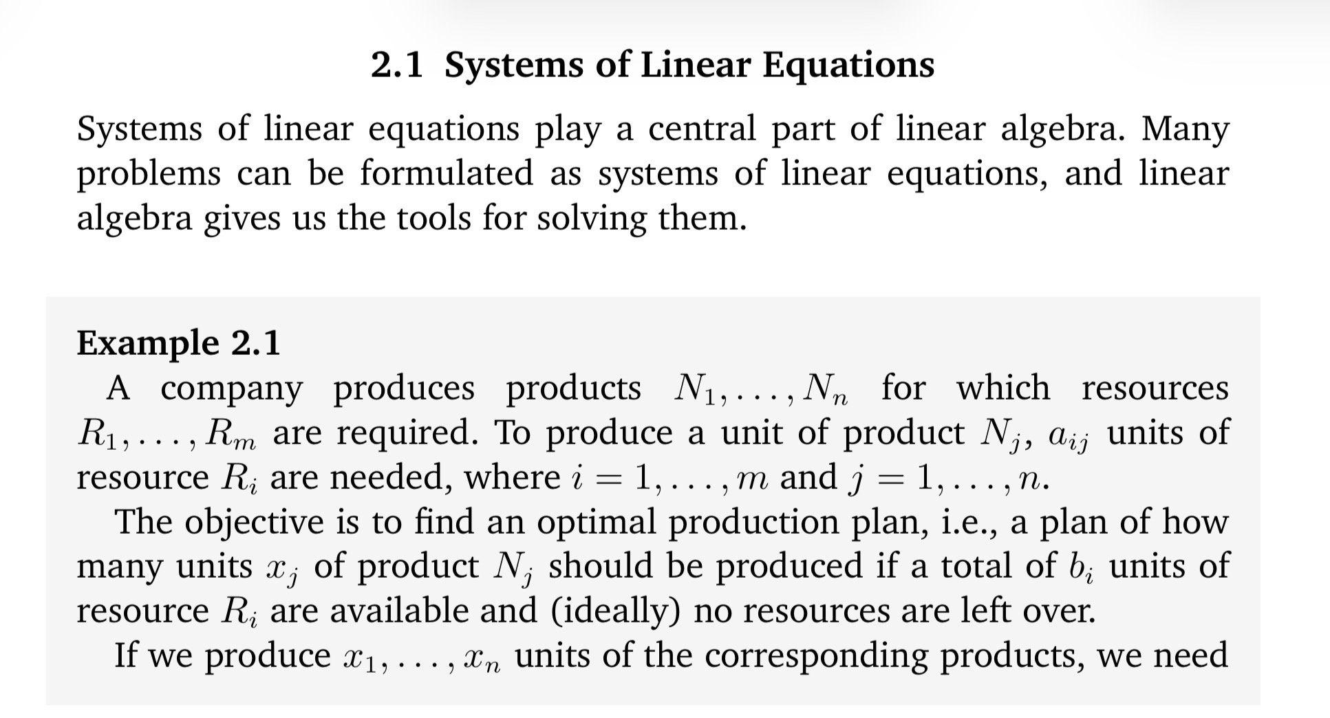 Page from Mathematics for Machine Learning, Section 2.1: the section introduction and the start of Example 2.1, which defines products N_1..N_n, resources R_1..R_m, and the resource requirement a_ij units of resource R_i per unit of product N_j.