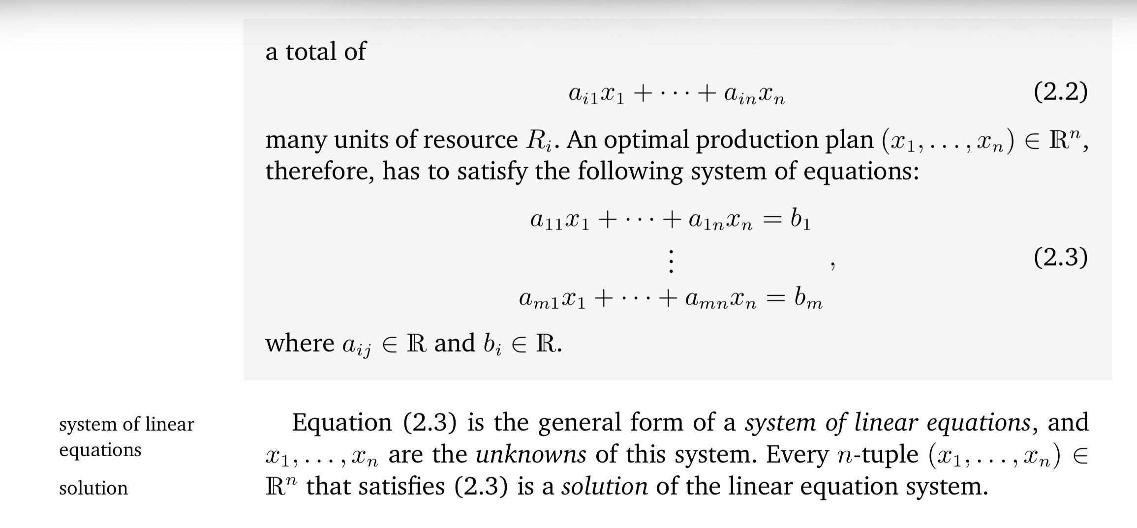 Continuation of Example 2.1: the total resource consumption a_i1 x_1 + … + a_in x_n, the resulting system of equations (2.3) with one equation per resource, and the definition of the solution set.